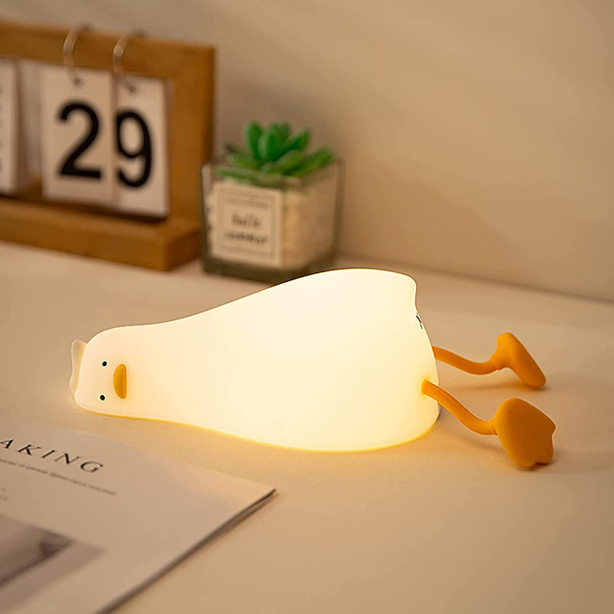 HAPPYBAG LED Lying Flat Duck Night Light, 3 Level Dimmable Nursery Nightlight,Cute Lamps Silicone Squishy Light Up Duck,Rechargeable Bedside Touch