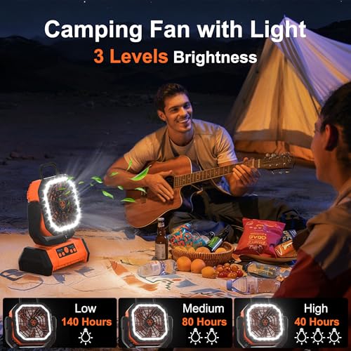 Honesorn Portable Rechargeable Fan 20000mAh, Camping Fan with LED Light & Remote, USB C Cordless Battery Powered, 4 Speeds Timer Hanging Hook for Travel Tent Outdoor Essentials - Orange