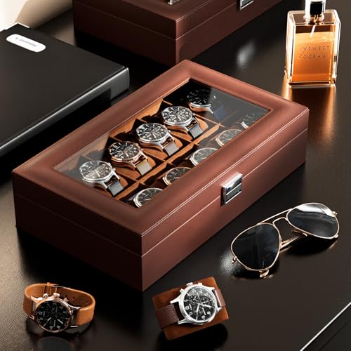ProCase Watch Box Organizer, Fathers Day Gift for Dad, 12 Slot Watch Display Case With Glass Lid, Watch Storage Holder Mens Watch Case, Anniversary Birthday Gifts -12 Slot, Brown