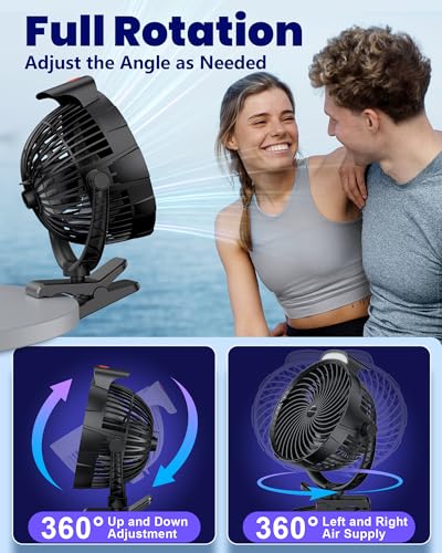 10000mAh Clip on Fan, 8-Inch Golf Cart Fan Rechargeable with LED Light, 9 Speeds Strong Airflow, Ultra Quiet, 30Hrs Runtime, 360° Rotation, Cooling for Bed Camping Office Desk Dorm, Black