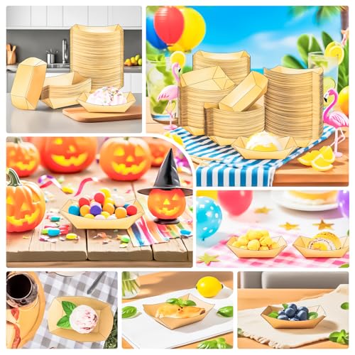 500 Pack 1/4Lb Paper Food Boat Trays Disposable Small Paper Boats Plates Containers, 0.25Lb Mini Kraft Food Serving Tray Boat Basket Bowl for Snack Fries Dessert Popcorn Sauce BBQ Tacos Nacho