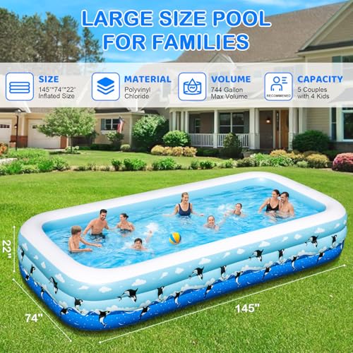 Inflatable Pool 145" x 74" x 22" Large Swimming Pool for Adults & Kids, Oversized Blow Up Pool for Family, Durable Thickened Backyard Kiddie Pool for Outdoor, Garden