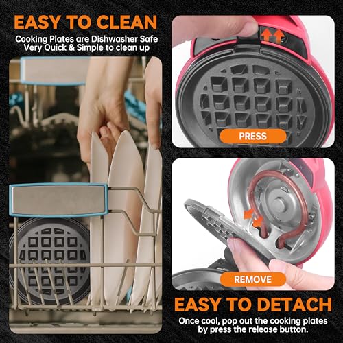 Baker's Friend 4 in 1 Mini Waffle Maker with Removable Plates, Set Includes Mini Pancake, Donut, Heart Shape Waffle Makers, Compact Size, Recipe Included, Red