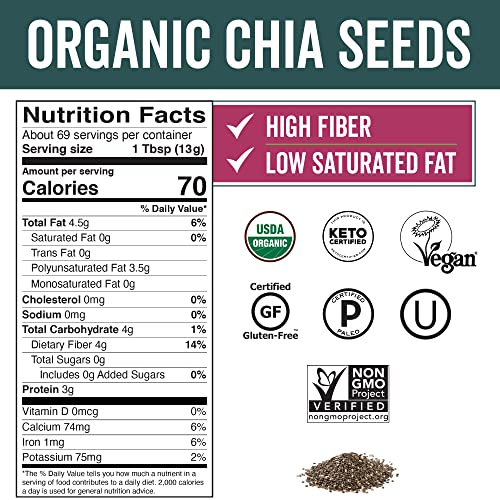 Viva Naturals Organic Chia Seeds, 2 lb, 32 Oz – Plant-Based Omega-3 and Vegan Protein, Gluten Free & Non-GMO, Perfect for Smoothies, Salads & Chia Pudding