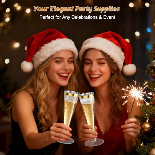 20 Pack Champagne Flutes Plastic Wine Glasses Disposable, 4.5 Oz Gold Rim Mimosa Glasses for 2026 Engagement Wedding Birthday Women's Day Party Supplies, Bulk Toasting Cocktail Cups