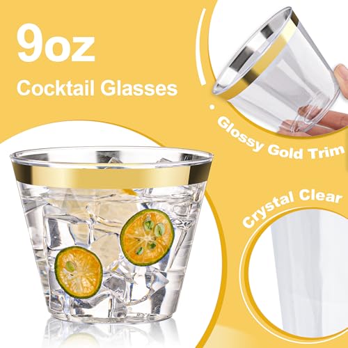 Bestluck 100 Pack 9 oz Gold Plastic Cups, Clear Disposable Cups with Gold Rim, Plastic Cocktail Glasses for Party & Graduation & Wedding