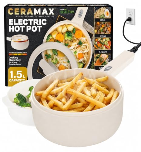 CERAMAX PRO Electric Hot Pot with Lid & Steamer, 1.5L Non Toxic Ceramic Cooker Skillet for Ramen, Eggs, Pasta for Dorms, Camping, RVs, Work, Adjustable Temp. - New Improved 2026 Model