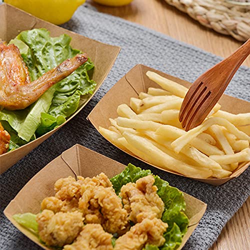 Oomcu 100 Pack 3 lb Heavy Duty Paper Food Trays - Disposable Kraft Brown Paper Boats for Party Snacks, Nachos, Hot Dogs, Tacos & BBQ