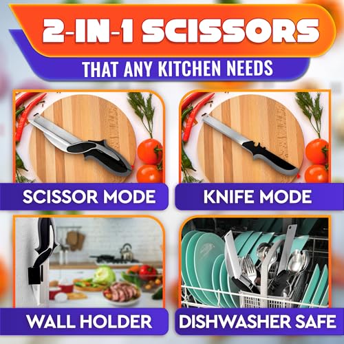 2 in 1 Kitchen Scissors for Food – Stainless Steel Blade & Plastic Cutting Board Scissors with Safety Lock | 9.5" Tomato Knife, Fruit & Vegetable Cutter – Easy-to-Use Kitchen Shears for Meat, Cheese
