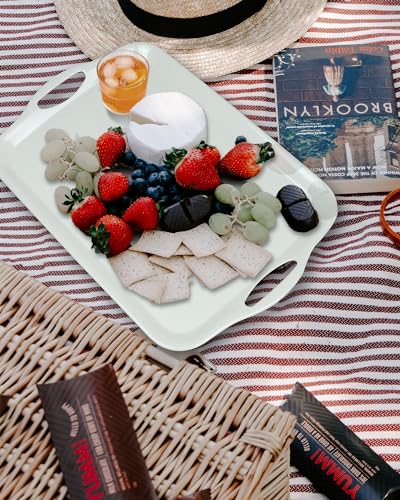 Czlizdyt Large Melamine Serving Tray with Handles, 17.5 x 12 in Rectangular Melamine Serving Platter, Dishwasher Safe Trays for Eating, Appetizer, Charcuterie, Snack, Fruit, Desserts, Set of 2, White