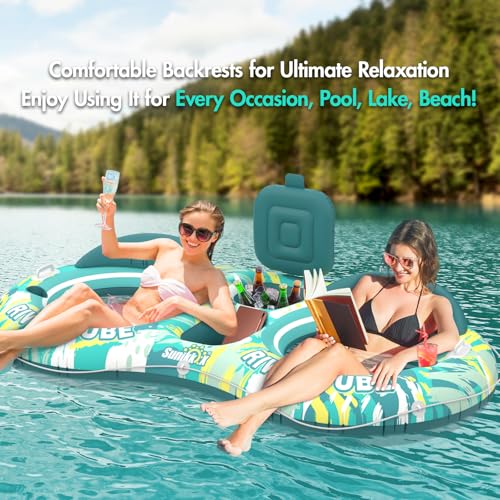 Sunikko X 5-in-1 Pool Floats Adult Heavy Duty River Tube, 2 Person Water Lounge Tanning Pool with Backrests, Built-in Cooler, Cup Holders, Deluxe Pool Toys for Summer Relaxation
