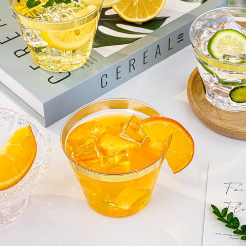Bestluck 100 Pack 9 oz Gold Plastic Cups, Clear Disposable Cups with Gold Rim, Plastic Cocktail Glasses for Party & Graduation & Wedding
