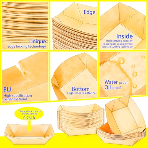500 Pack 1/4Lb Paper Food Boat Trays Disposable Small Paper Boats Plates Containers, 0.25Lb Mini Kraft Food Serving Tray Boat Basket Bowl for Snack Fries Dessert Popcorn Sauce BBQ Tacos Nacho