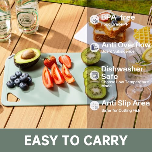 Plastic Cutting Board Set of 3-Cutting Boards for Kitchen BPA Free, Large-Small Chopping Boards Non-Slip for Cooking Camping Dishwasher Safe, Reversible, with Grip Handle, 15"×10"×0.6" Green