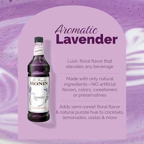 Monin - Lavender Syrup | Aromatic & Floral, Premium Syrup for Cocktails, Lattes & More | Clean Label with No Artificial Flavors, No Artificial Preservatives (BPA Free Bottle, 33.8 fl oz)