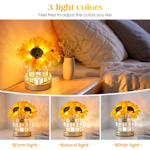 AMWGIMI Sunflowers Flower Lamp,Rechargeable Cordless Touch Table Lamp,3-Colour Infinitely Dimming Small Night Light,Festival Restaurant Bedroom Bar Coffee Shop Birthday Gifts for Women Mom