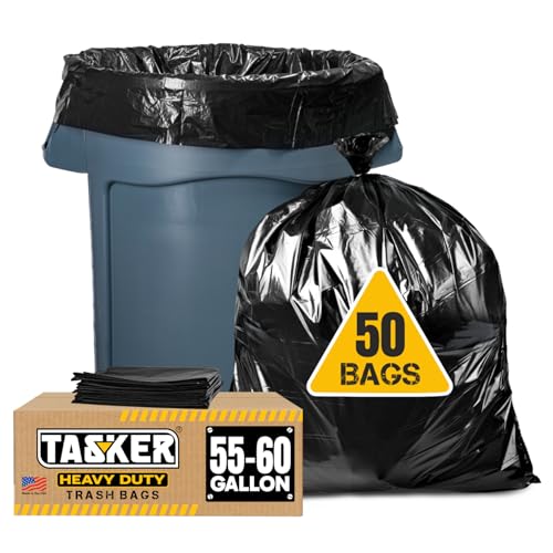 Tasker 55 Gallon Trash Bags | Value 50 Trash Bags w/Ties | Heavy Duty Extra Large Industrial Trash Bags 55 Gallon, Lawn and Leaf Bags, Extra Large Outdoor Contractor Trash Can Liners, 50-60 Gallon