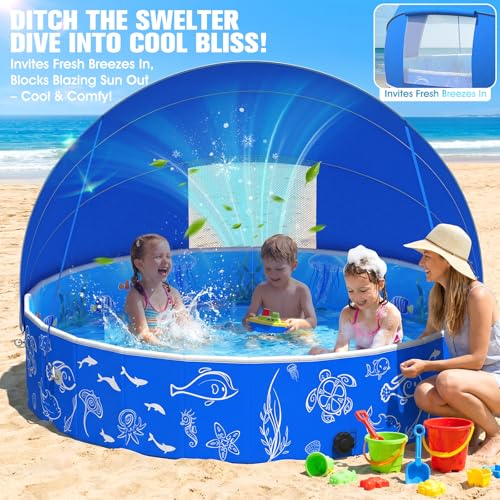 FizZeal Kiddie Pool with Canopy, 51in Foldable Toddler Pool,Pop Up Baby Pool with Shade,UPF 50+UV Portable Swimming Pool for Kids,Collapsible Baby Pool for Beach, Outdoor Toddler Pool for Backyard
