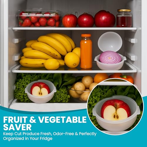 Iconikal 2-Pack Fruit Veggie Food Savers Storage Containers 4.25-Inch Bowl Produce Keeper BPA Free Dishwasher Safe Cut Onion Tomato Apple Holder Vegetables