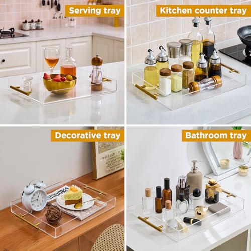 12"x16" Clear Acrylic Serving Tray with Golden Handles, Sturdy Huge Capacity Acrylic Tray for Coffee, Juice, Kitchen and Desk Organizer, Storage Tray (12"x16")