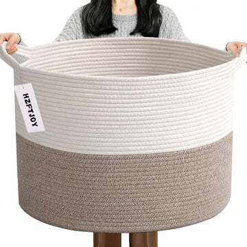 65L Large Woven Cotton Rope Blanket Basket with Handles, Laundry Hamper Storage Bin for Pillows, Clothes, Bedroom and Living Room Organization