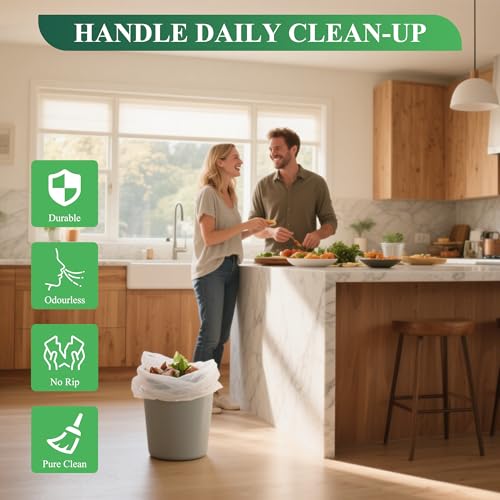 Small Trash Bags 1.2 Gallon, Biodegradable Gallon Waste Bag, Mini Compostable Strong Bathroom Wastebasket Can Liners Garbage Bags for Home Office Kitchen Fit 5 Liter 5L, 1 Gal, White