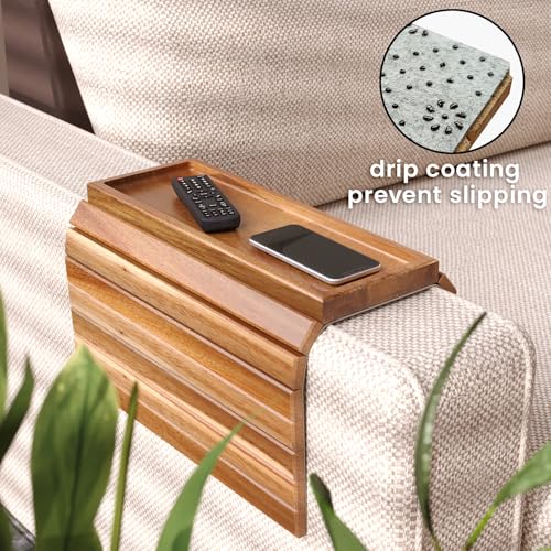 Sofa Arm Tray,Acacia Wood Folding Couch Arm Tray,Sofa Armrest Trays with Anti-Slip Pad for Drinks,Snacks,Phone,Remote Control