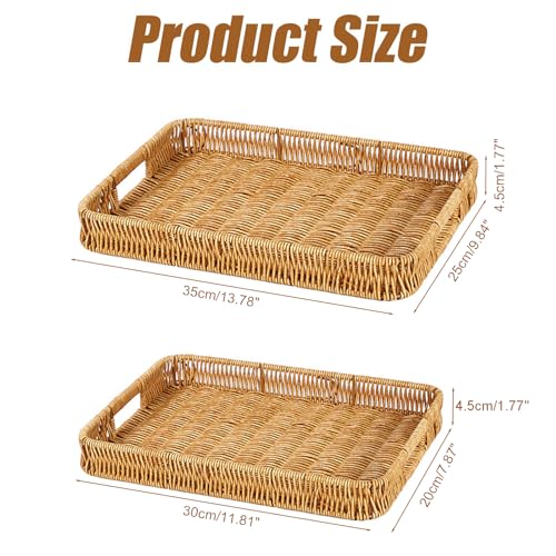 2 Pack Rectangle Rattan Serving Trays with Handles, Decorative Woven Wicker Organizer Baskets Storage Tray for Coffee Table, Bread, Fruit, Snacks