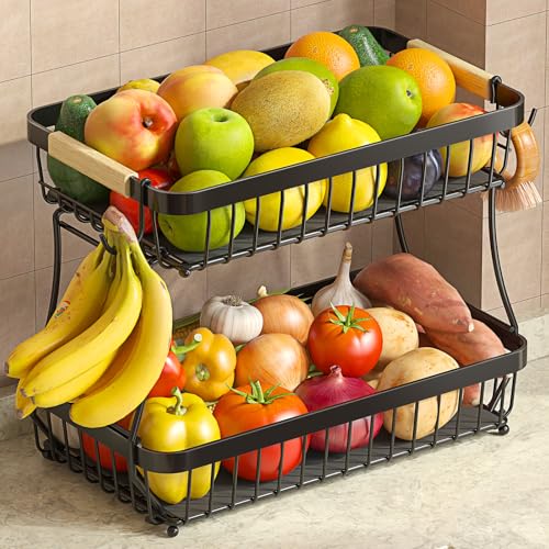 2 Tier Large Fruit Basket for Kitchen Counter with 2 Mobile Banana Hangers, 2026 Pro Detachable Metal Fruit Bowl with Wooden Handle, Fruit Holder for Bread Snack Veggies with Protective Mats