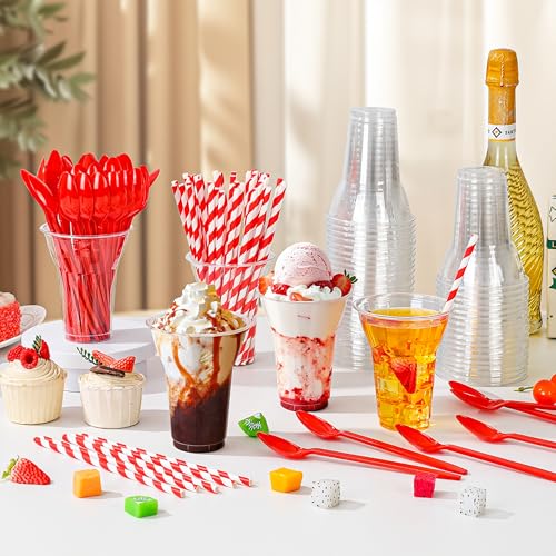 tchrules 50 PCS 12oz Plastic Parfait Cups with Spoons & Paper Straws, Disposable Root Beer Float Cups for Party, Clear Crystal Dessert Cup for Milkshake Ice Cream Sundae Cold Drinks Christmas Supplies
