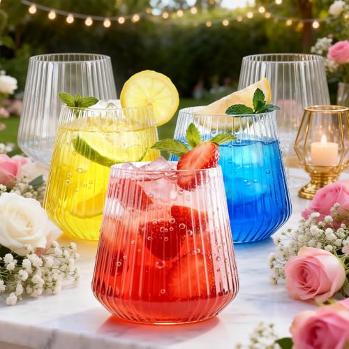 BESTSTAR 36 Pcs 12 oz Plastic Clear Ribbed Wine Glasses, Origami Ripple Disposable Champagne Glasses Elegant Whiskey Glasses Ideal for Weddings, Bars, Christmas, Halloween, Pool Party, Daily Use