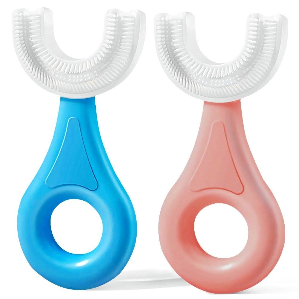 YOTEE U-Shaped Toothbrush Kids 2 PCS - Toddler Toothbrush with Food Grade Soft Silicone Brush Head, Manual Whole Mouth Tooth Brush for Kids Age 2-6(Blue+Pink)