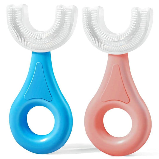 YOTEE U-Shaped Toothbrush Kids 2 PCS - Toddler Toothbrush with Food Grade Soft Silicone Brush Head, Manual Whole Mouth Tooth Brush for Kids Age 2-6(Blue+Pink)