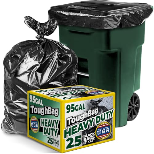 ToughBag 95-96 Gallon Extra-Large Trash Bags, 61x68” Black Garbage Bags, 1.2 Mil Thick (25 COUNT), Heavy-Duty Outdoor 95 Gallon Trash Bags – for Storage, Custodial, Landscape - Made In USA