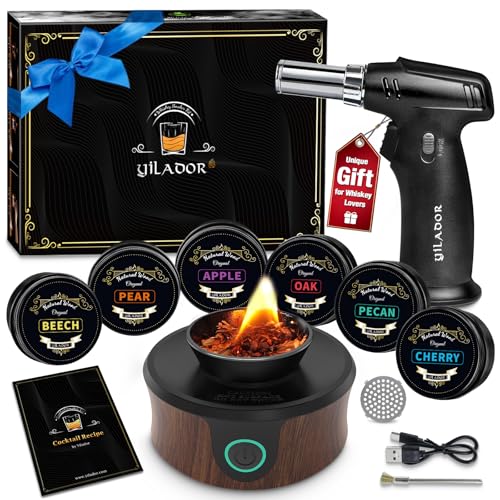 Electric Whiskey Smoker Kit with Torch, Father Day Gift for Whiskey Lover, 6 Wood Chips – Infuse Rich Smoky Flavors in Bourbon Old Fashioned & Cocktails, Birthday Gifts for Him, Dad (Without Butane)