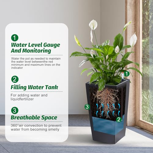 Garvee 16" Tall Planters Set of 2, Outdoor＆Indoor Black Planter Pots, High Front Porch Planter Pots with Drainage Holes＆Water Level Monitor＆Inner Bucket,Black