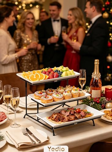 3 Tier Serving Trays for Party, Porcelain Serving Platters and Trays, 12 Inch Tiered Tray Stand, Fruit Tray, Trays for Serving Food, White Dessert Stand with Collapsible Sturdier Metal Rack