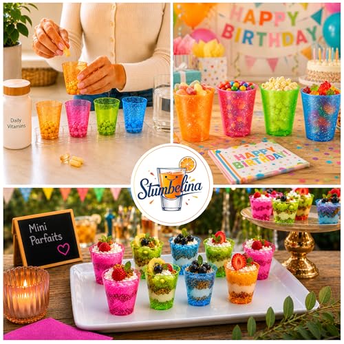Stumbelina 100 COUNT (1 oz) NEON SPARKLE | PLASTIC SHOT GLASS CUPS | BRIGHT MULTI-COLOR Variety Pack | Disposable Party Mini Cups | Perfect for Jello Shots, Dessert Shooters, Parties, Weddings, Bars