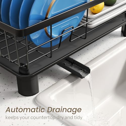SNTD Dish Drying Rack - Small Dish Rack for Kitchen Counter, Stainless Steel Dish Drainer with Utensil Holder and Drainboard, 11" W x 15" L (Black)