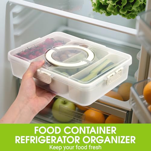Snackle Box Container,Divided Serving Tray with Lid,4 Compartment Travel Snack Container,Fruit Veggie Tray with Lid for Fridge Fresh Keeping,Multipurpose Storage Box for Picnic,Party,Travel
