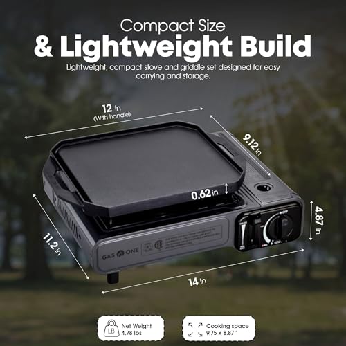 GasOne GS-1000G-KIT Butane Gas Stove with Flat Top Griddle Included – Butane Grill Tent Stove Burners for Cooking for Camping, Kitchen – Diecast Aluminum with Non Stick Coating
