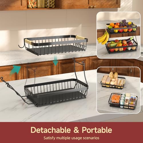 2 Tier Large Fruit Basket for Kitchen Counter with 2 Mobile Banana Hangers, 2026 Pro Detachable Metal Fruit Bowl with Wooden Handle, Fruit Holder for Bread Snack Veggies with Protective Mats