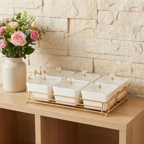 YA JU Ceramic Bowls and with Lid Gold Basket Trays, 6 Removable Small Bowls Condiment Trays Nut Serving Set for Snacks, Fruits, Candy and Condiments -Great for Parties, Holiday Gifts, White
