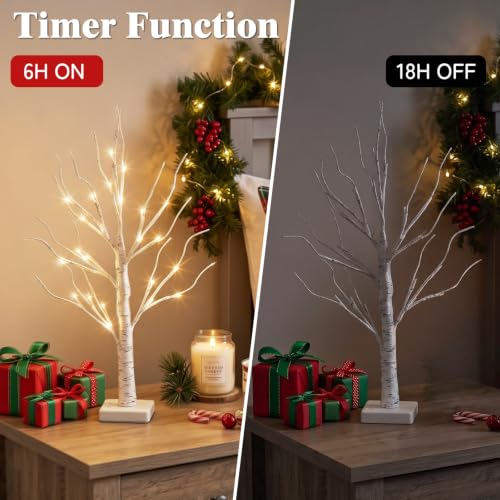 PEIDUO Christmas Decorations, 2FT Birch Tree with LED Lights, Warm White Light up Tree Lamp, Artificial Trees for Home Table Inside, Battery Powered