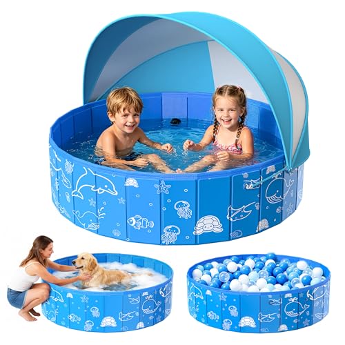 Kiddie Pool with Canopy, 48" Foldable Kids Baby Pool for Toddlers, Portable Small Swimming Pool Hard Plastic with Shade & Carry Bag for Beach Backyard Water Play
