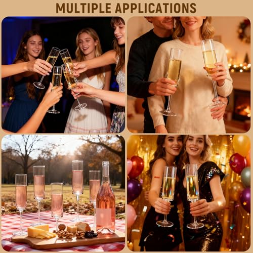 GuanQiao 24-Pack Plastic Champagne Flutes, 6oz Clear Square Disposable Toast Glasses, Heavy Duty Shatterproof Recyclable Wine Glasses for Party Wine Tasting Wedding New Years Eve Party Supplies