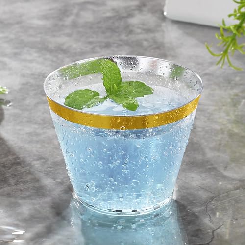 Hioasis 200Pcs 9OZ Clear Cups - Plastic Disposable Cups with Gold Trim, Heavy Duty & BPA-free for Party, Wedding, Reception