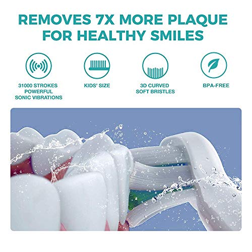 Vekkia Sonic Rechargeable Kids Electric Toothbrush, 3 Modes with Memory, Fun & Easy Cleaning, 24000 Strokes, IPX7 Waterproof, 2-Min Timer for Age 5+, 4 Soft Bristles(Blue)