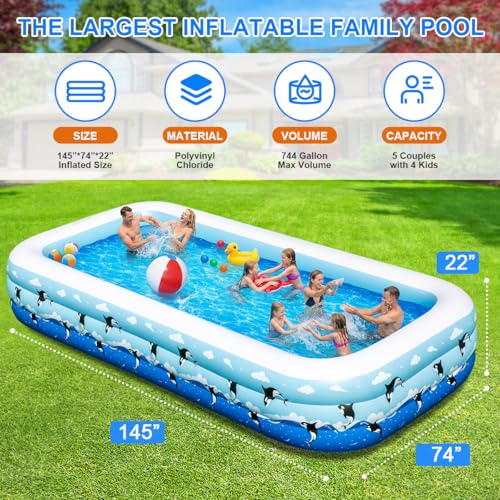 Large Inflatable Swimming Pool 145" x 74" x 22" Family Size Blow Up Pool for Adults & Kids, Oversized Backyard Kiddie Pool for Outdoor, Garden, Summer Water Party