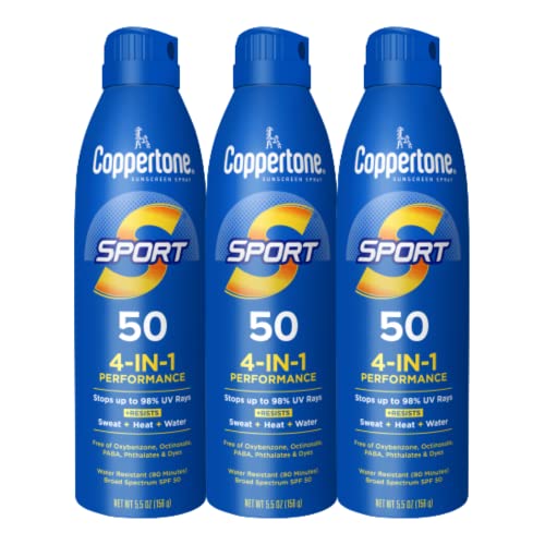 Coppertone Sport Sunscreen Spray SPF 50, Sweat, Heat and Water Resistant Sunblock, Lightweight, Oxybenzone Free, Spray Sunscreen Bulk Pack, 5.5 Oz Bottle, Pack of 3